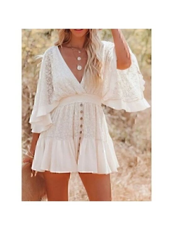 Unbranded Dresses & Skirts - Casual Lace Patchwork Batwing Sleeve V Neck Fashion Summer Loose Dress L